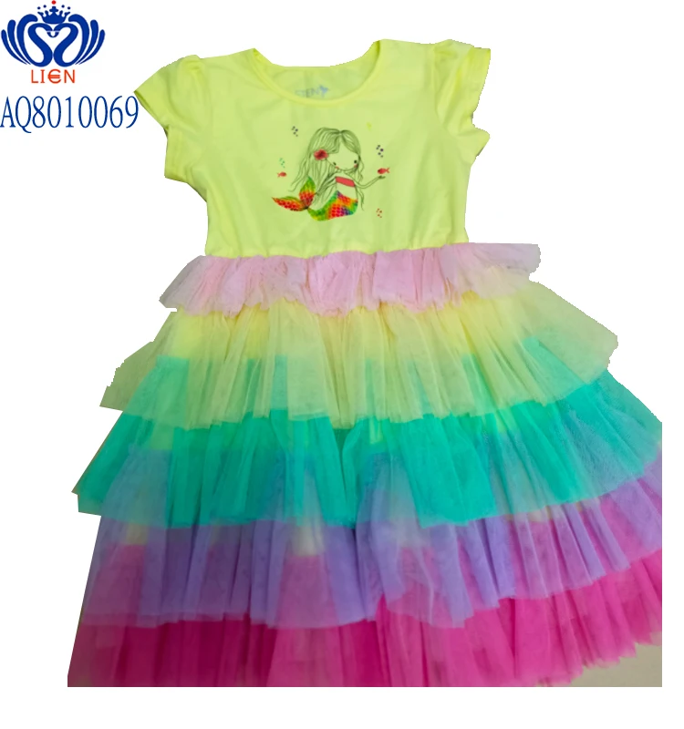 
Новейшая популярная в Европе юбка с принтом русалки красочное Сетчатое летнее платье для девочек многоярусная юбка 