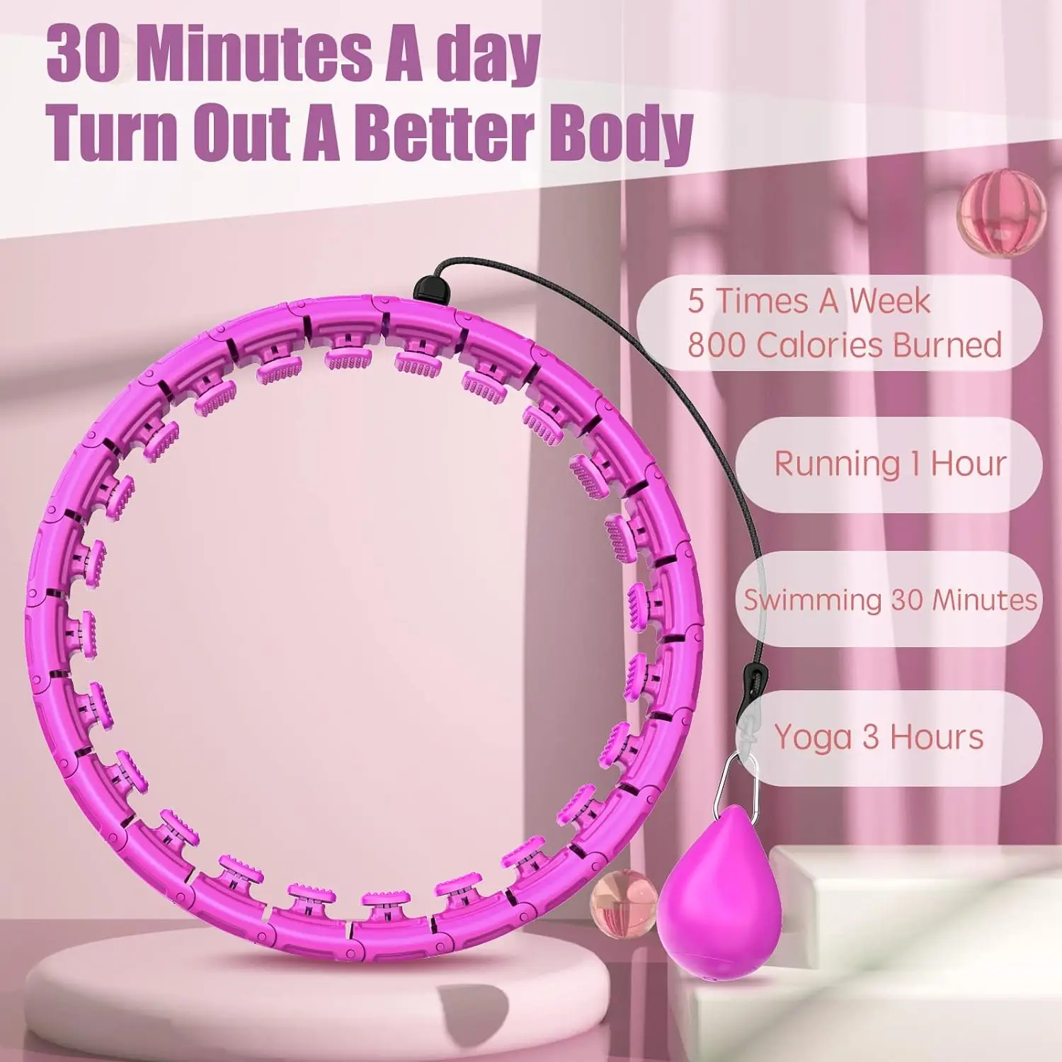 color rose 32 Knots Weighted Workout Hoop Plus Size Smart Waist Exercise Ring At Home Fitness Belly Abdominal Adjustable