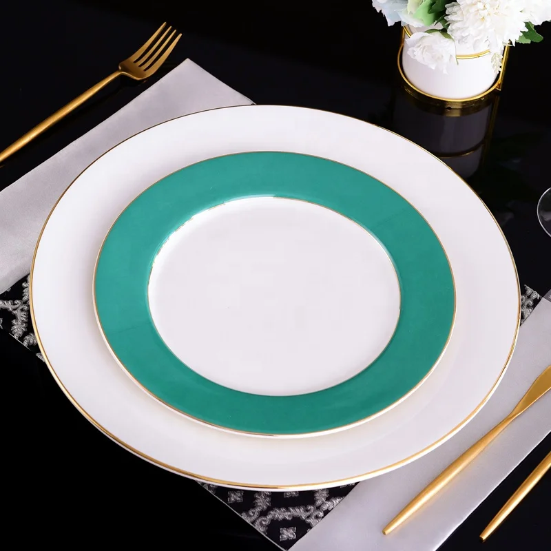 Custom printing ceramic assiette plates porcelain wedding dish gold