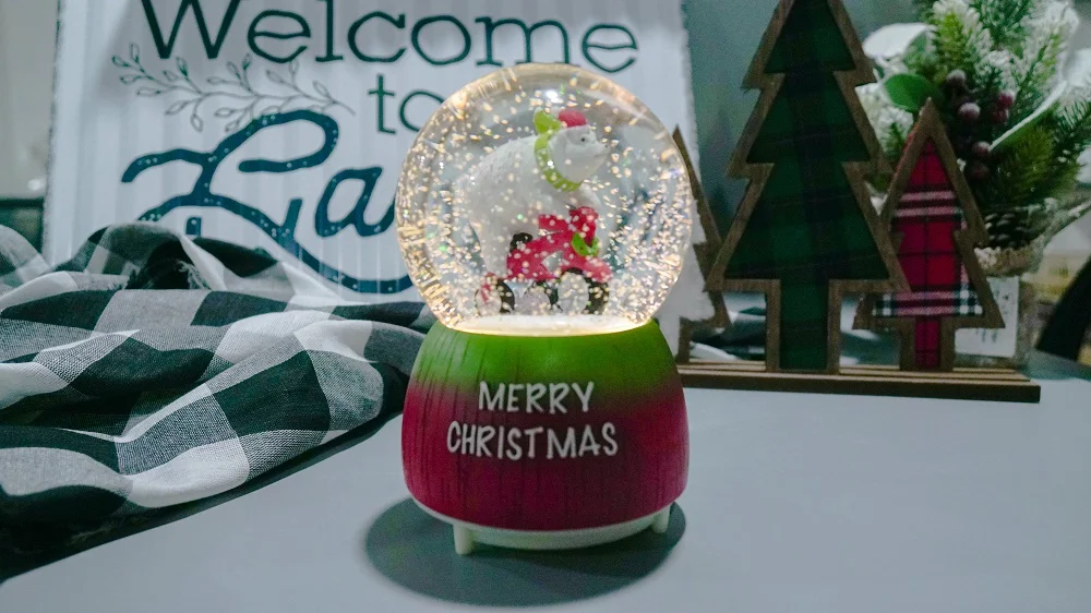 FREE SAMPLE Polar bear music crystal ball decoration resin glass polar bear riding tricycle