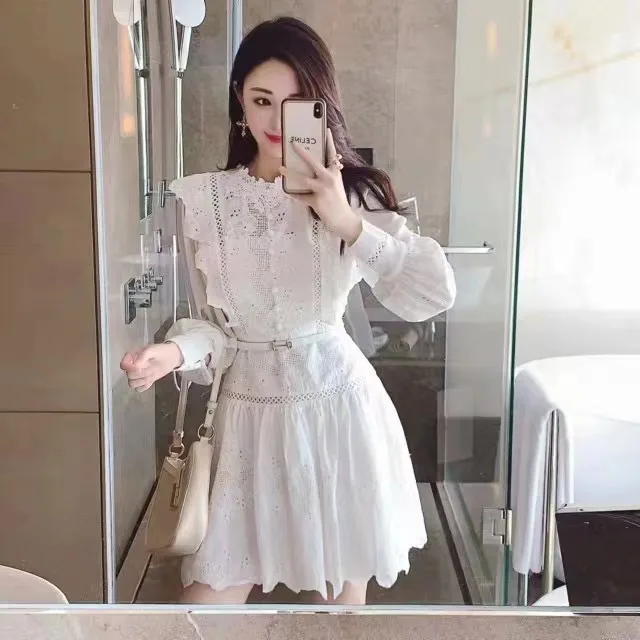 Pleated Hook Long Sleeve Commute Long Sleeve Korean Quality Women Office Dress