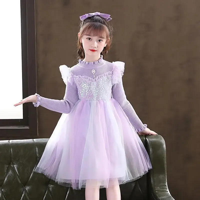 New design winter paillette tulle kids sweater dresses for girls 4-12