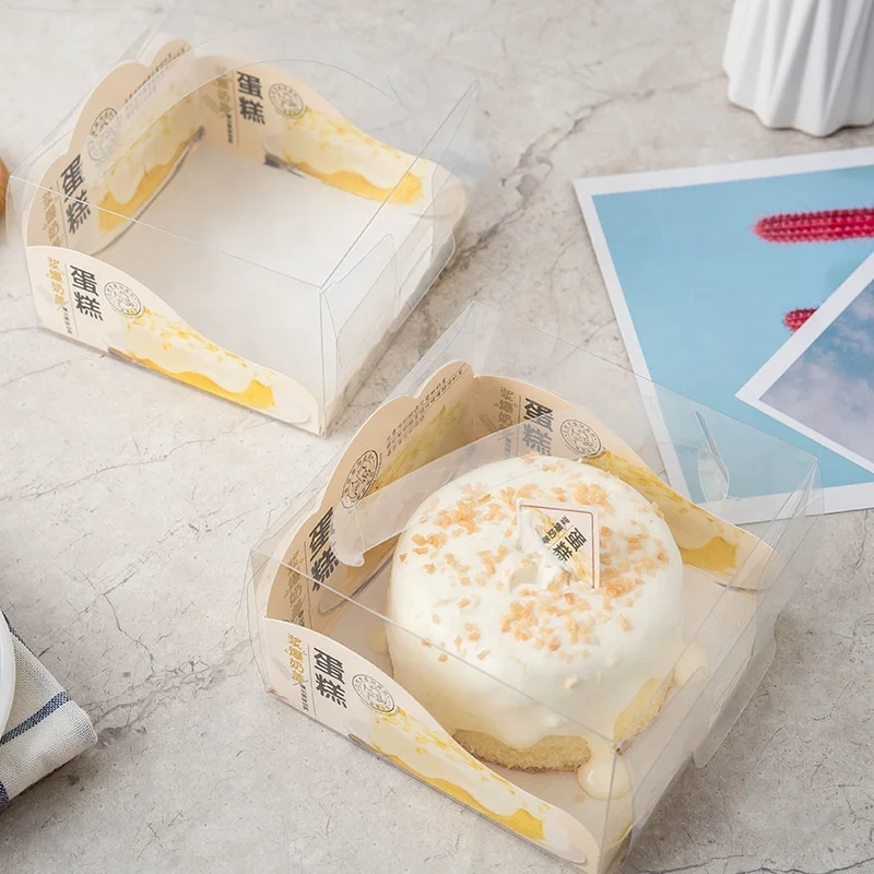 5 Inch Transparent PET Plastic Portable Cake Boxes With Cardboard Cheese Milk Cake Packing Boxe