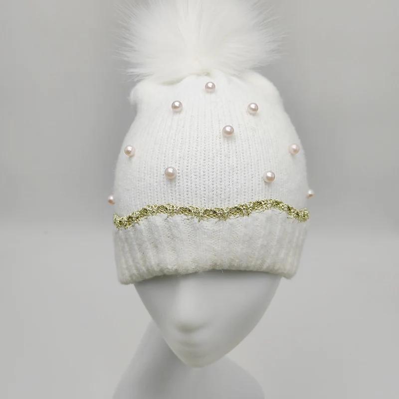 ALLCH Kids Winter Fashion Knitted With Pearls Lurex Edge Cuff Fur Pompom Beanie Hat