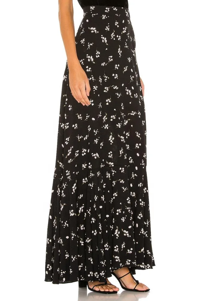 Summer women casual polyester floral printed black long maxi skirt with custom made