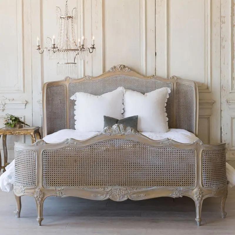 French Bedroom Classic Wood Antique King-size Carved Rattan Bed Custom Furniture Solid Wood Woven Cane Bed