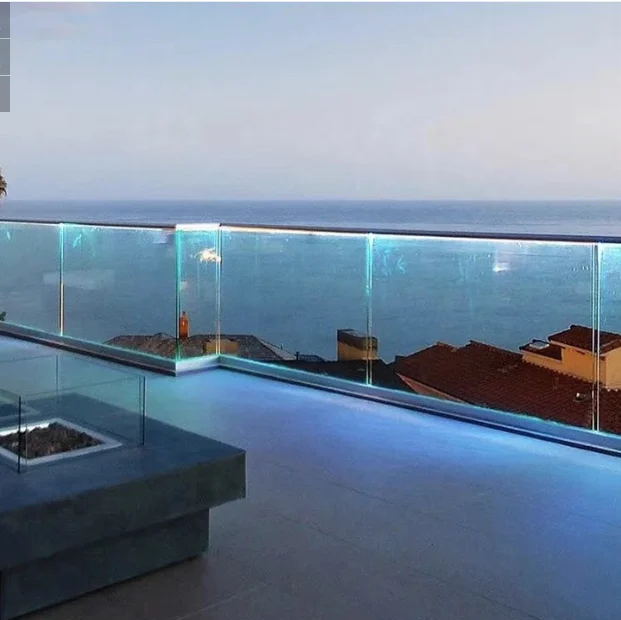Custom U Channel Luxury Hotel LED aluminum glass balcony railing from China with glass hardware