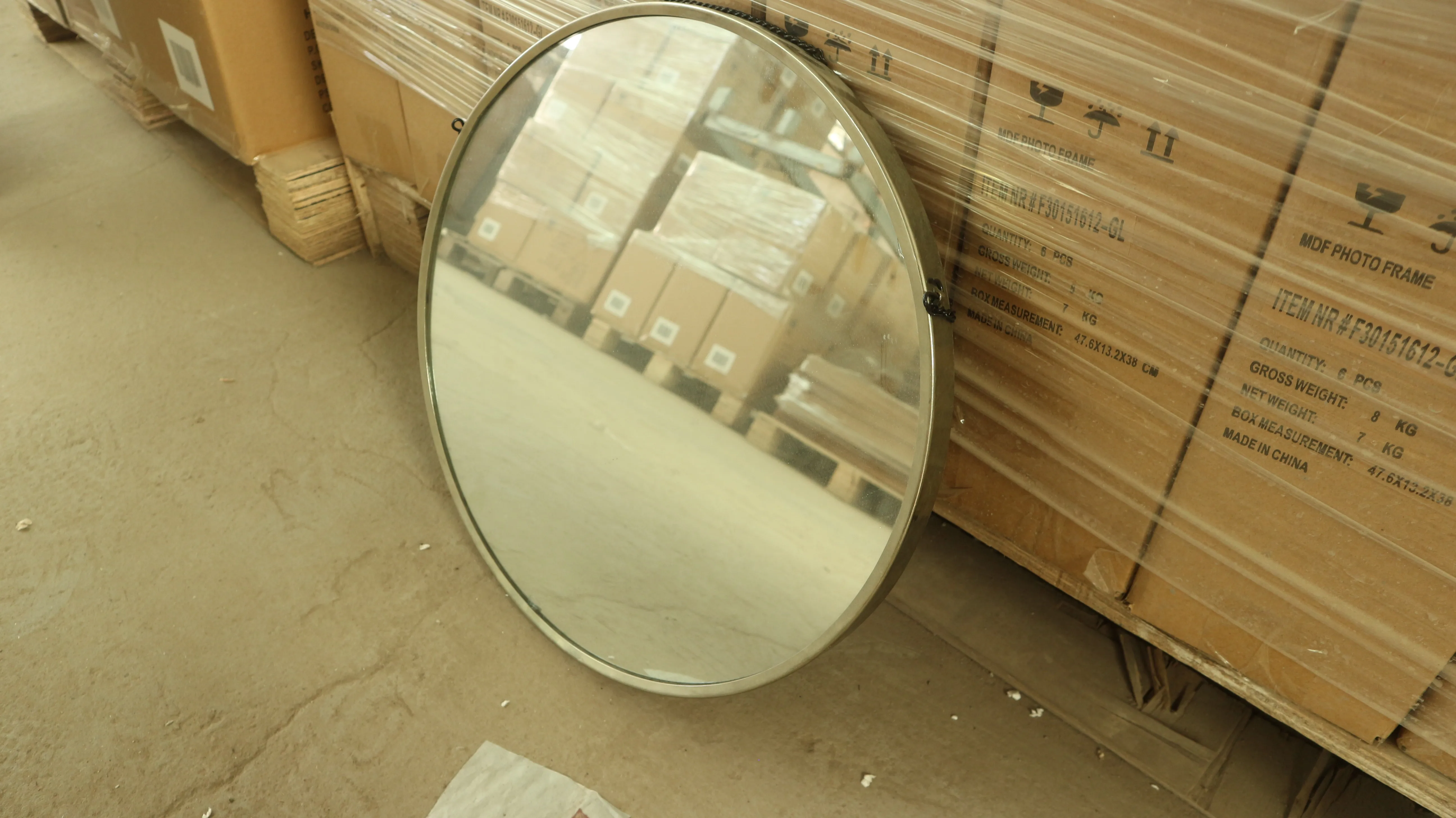 China manufacturer wall decorative mirror with black frame round metal framed mirror with leather strap 50x50 55cmx55cm 60x60cm