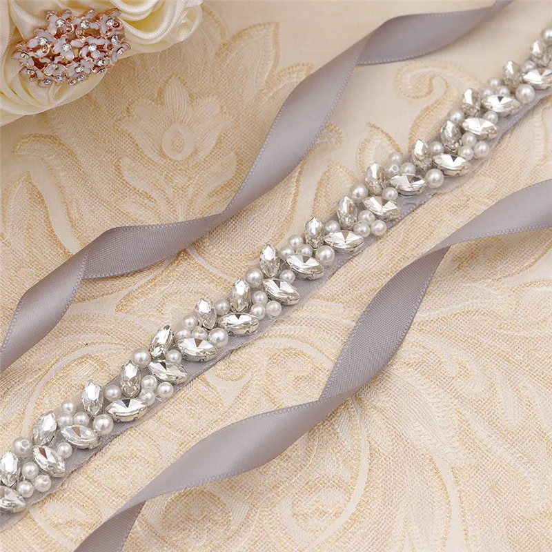 
Handmade Gold Crystal Pearl Rhinestone Wedding Belt Beaded Applique Iron on Satin Ribbon Wed Bride Belt 