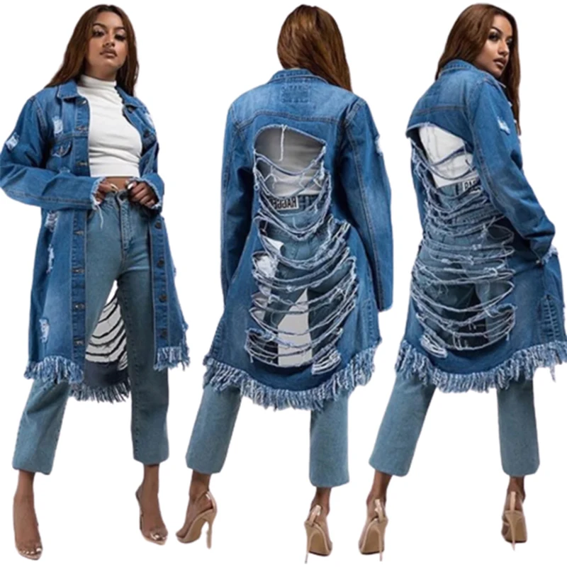 New product ripped long denim jacket retro casual plus size ladies lapel jacket