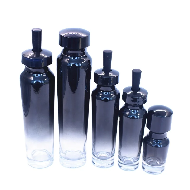 Fancy 0.5oz 1oz 1.7oz 4oz Empty Black Glass Cosmetic Bottle with Black Pump and Pipette for personal Care Package