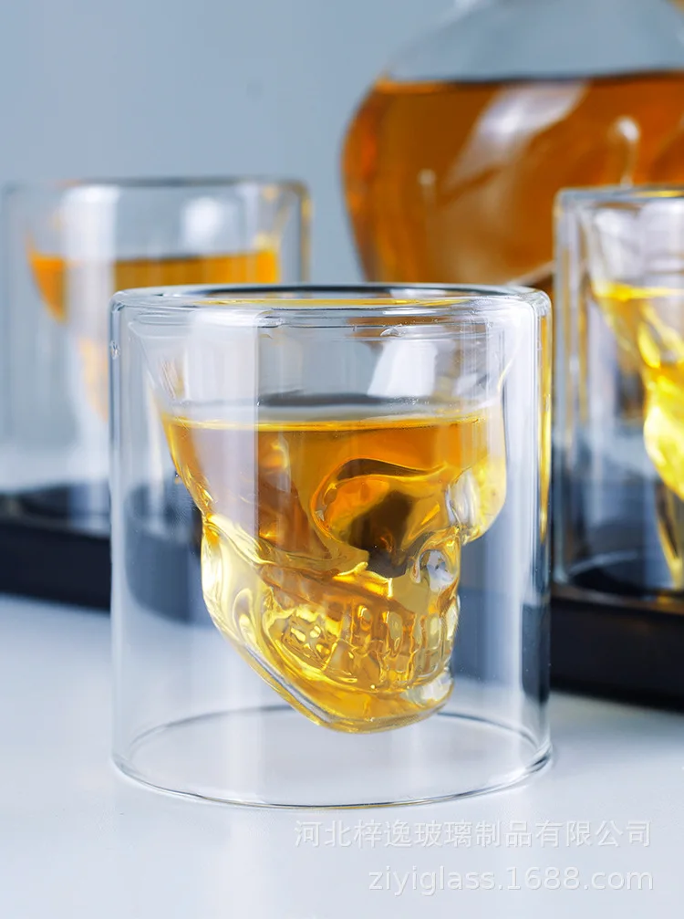 Unique fancy design glass wine  bottle Whiskey Decanter Set with double wall glass cup