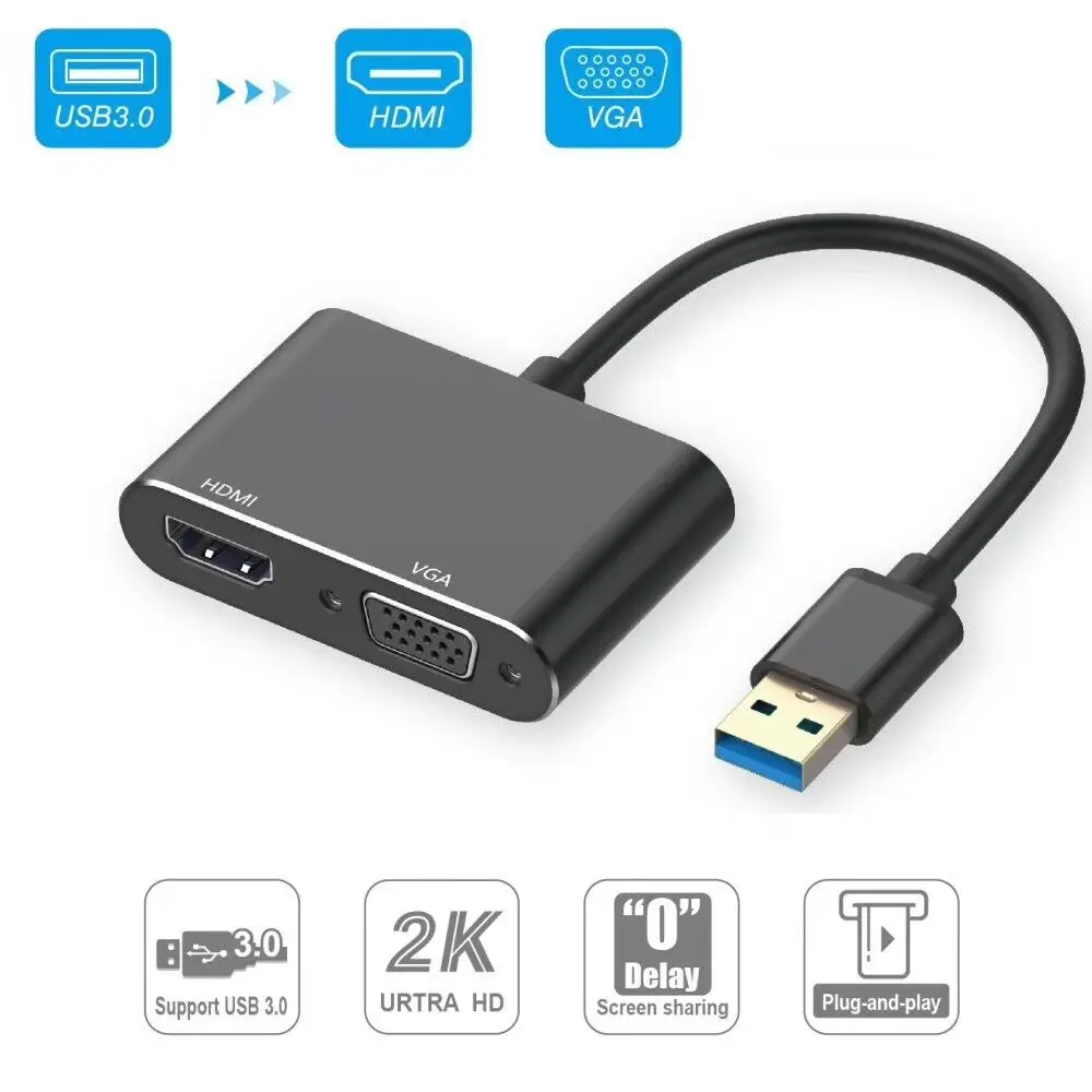 USB 3.0 to HDMI VGA Adapter Cable USB3.0 Multiport Dual Output Display 1080P Audio Video Converter