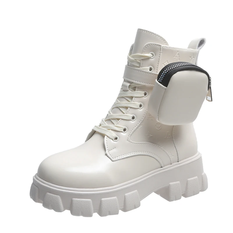 PU Stain Resistant Anti-Slippery with Small Bag for Women Snow Winter Height Increased 5cm Warm Ankle Platform Martin Lady Boots