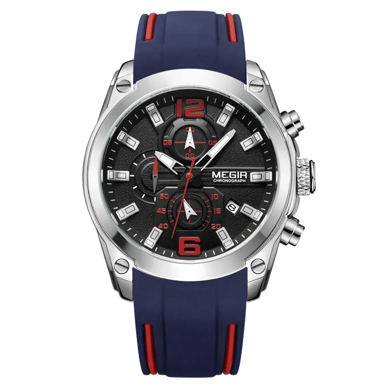 GZ 2063 Hot Multifunctional Three Eye Six Needle Calendar Red Pointer Chronograph Silicone Quartz Movement Megir Chronograph Wat