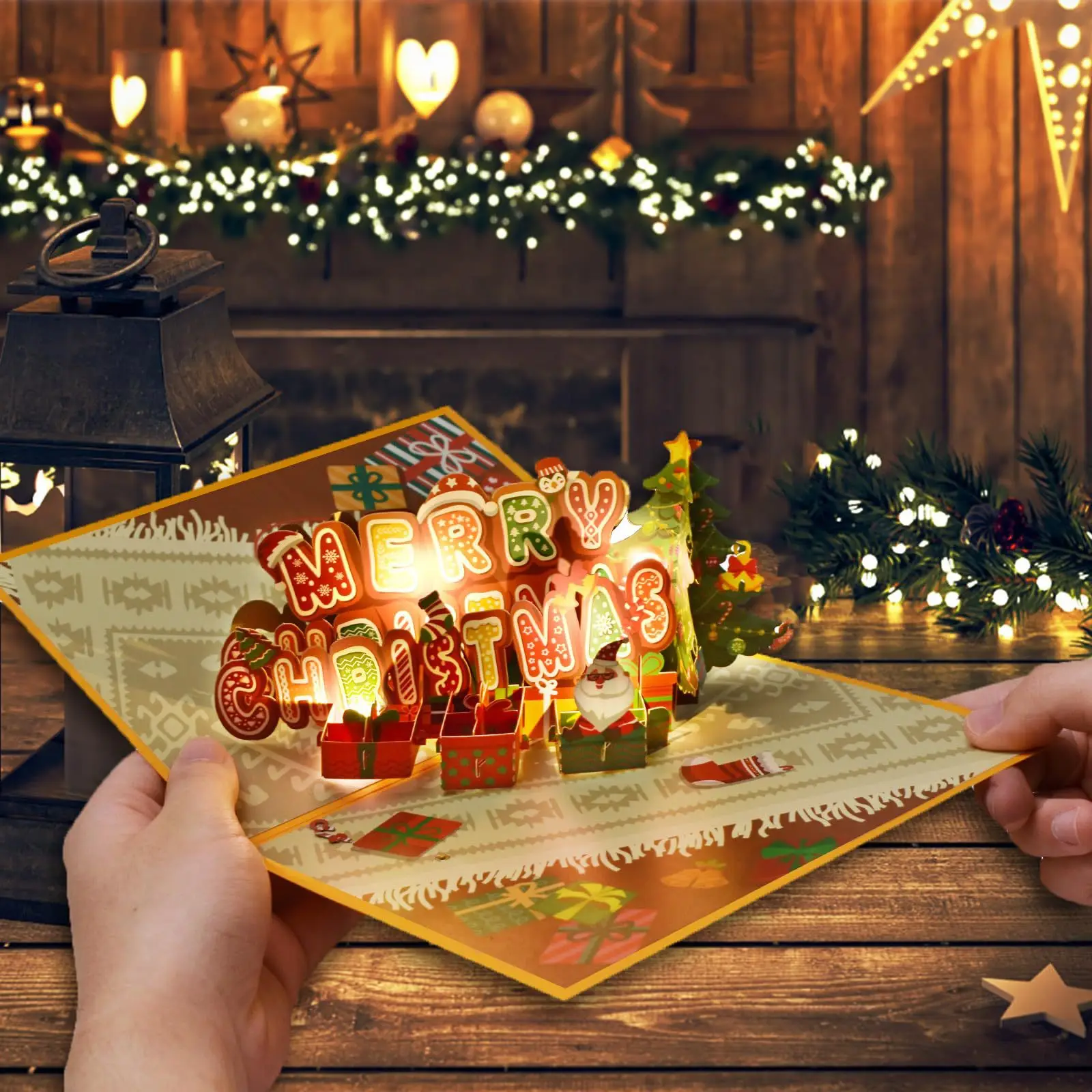 Merry Christmas Pop Up Card with Light and Music Handmade 3D Popup Greeting Cards Gift For Christmas
