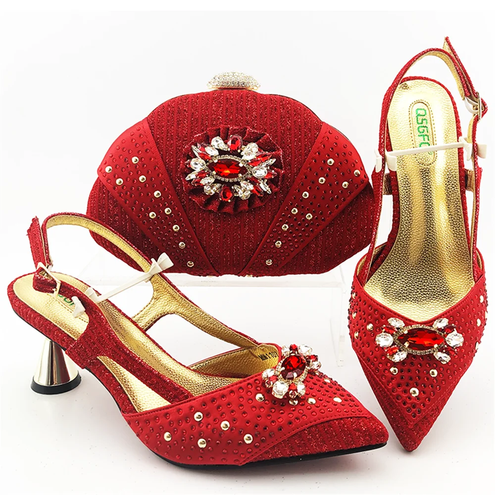 Italian style ladies party shoes with matching bags set flat heel platform shoes decorated with stones  EF39