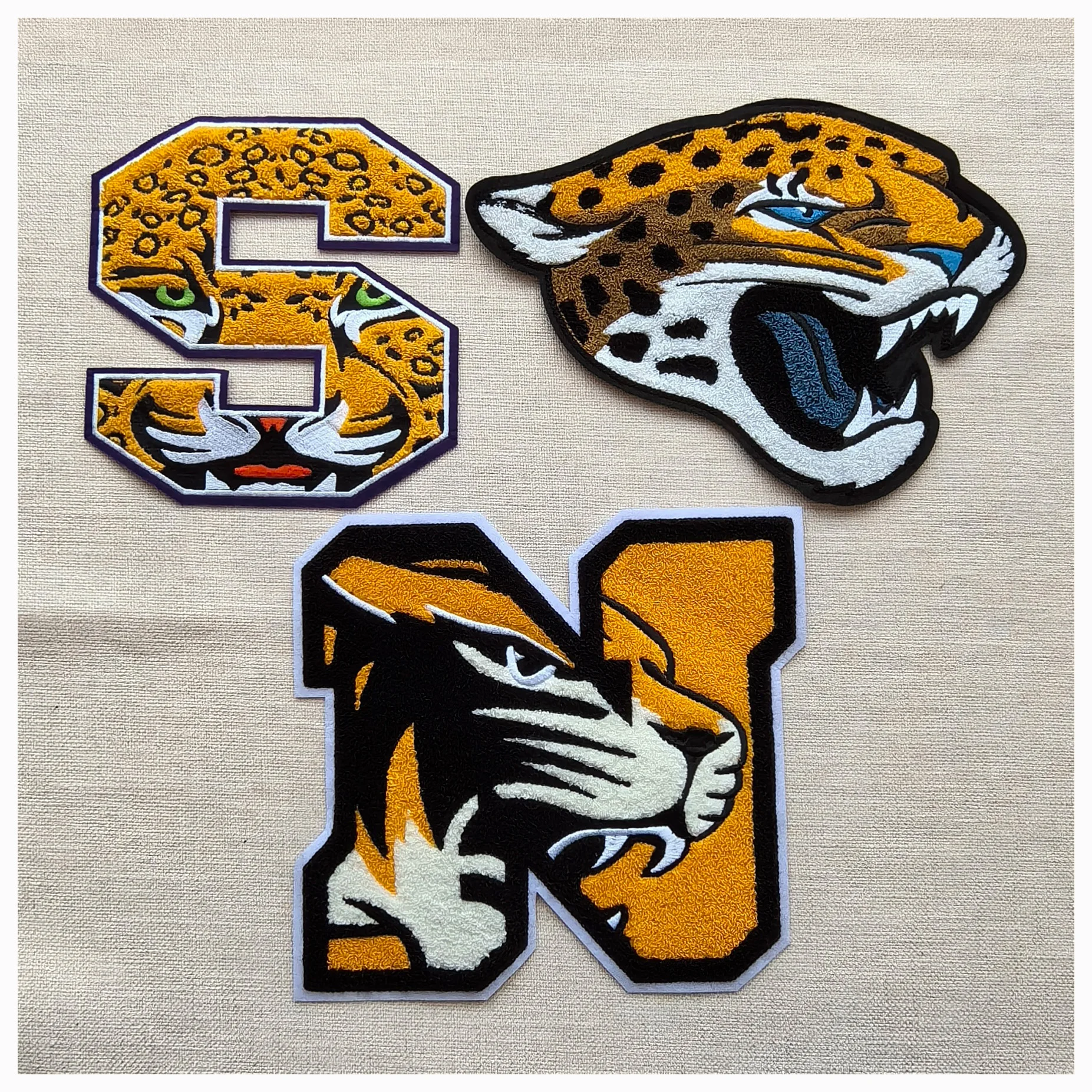 Custom large chenille letter iron on mascot animal leopard patches chenille towel embroidery game day  patches  for clothing