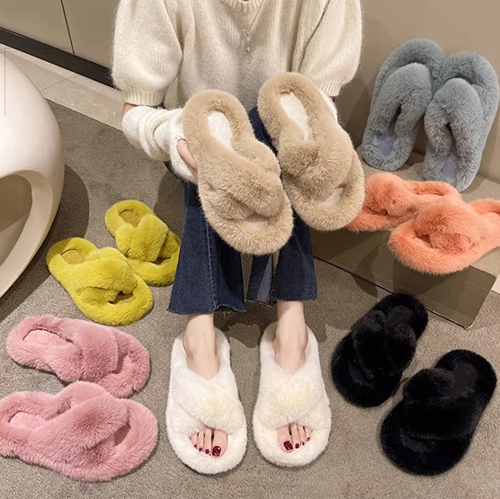 Ladies comfortable soft faux fur slide slipper Ladies solid color flat house slipper fall/Winter