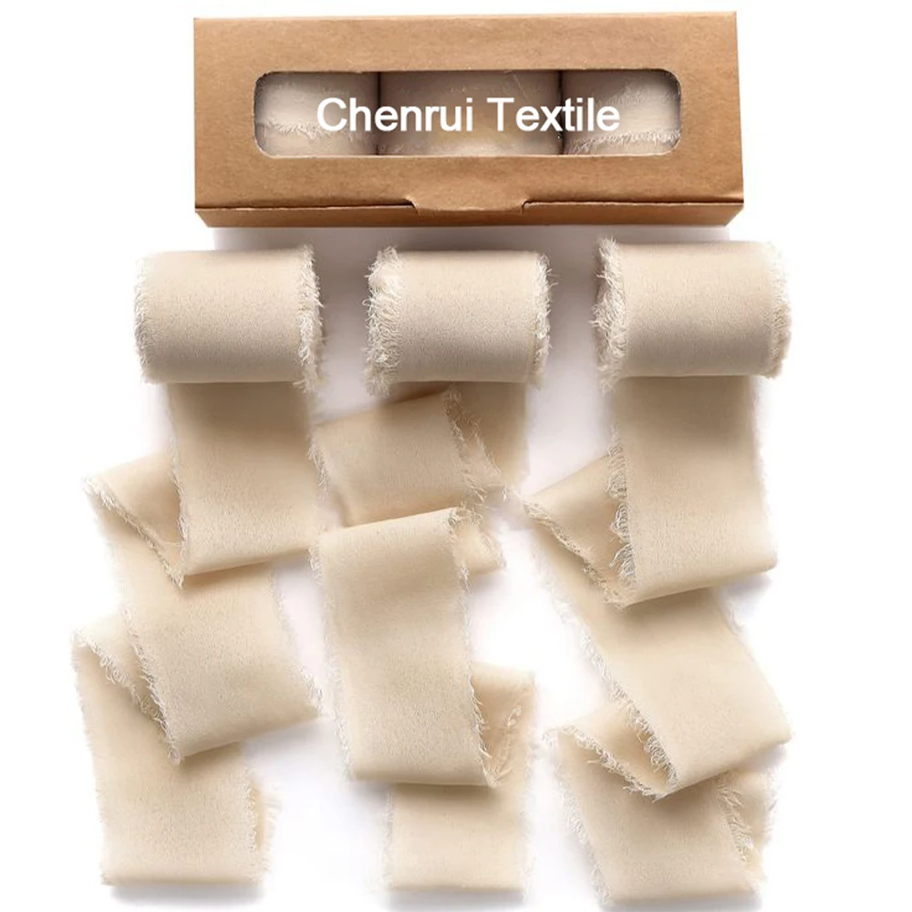 Polyester Customized Silk Chiffon Ribbon Fringe Frayed Edge For Gift Packaging Box Roll Wholesale