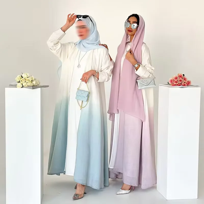 2024 Latest design custom gradient open abaya dress set dubai muslim cardigan kimono with a free matching hijab