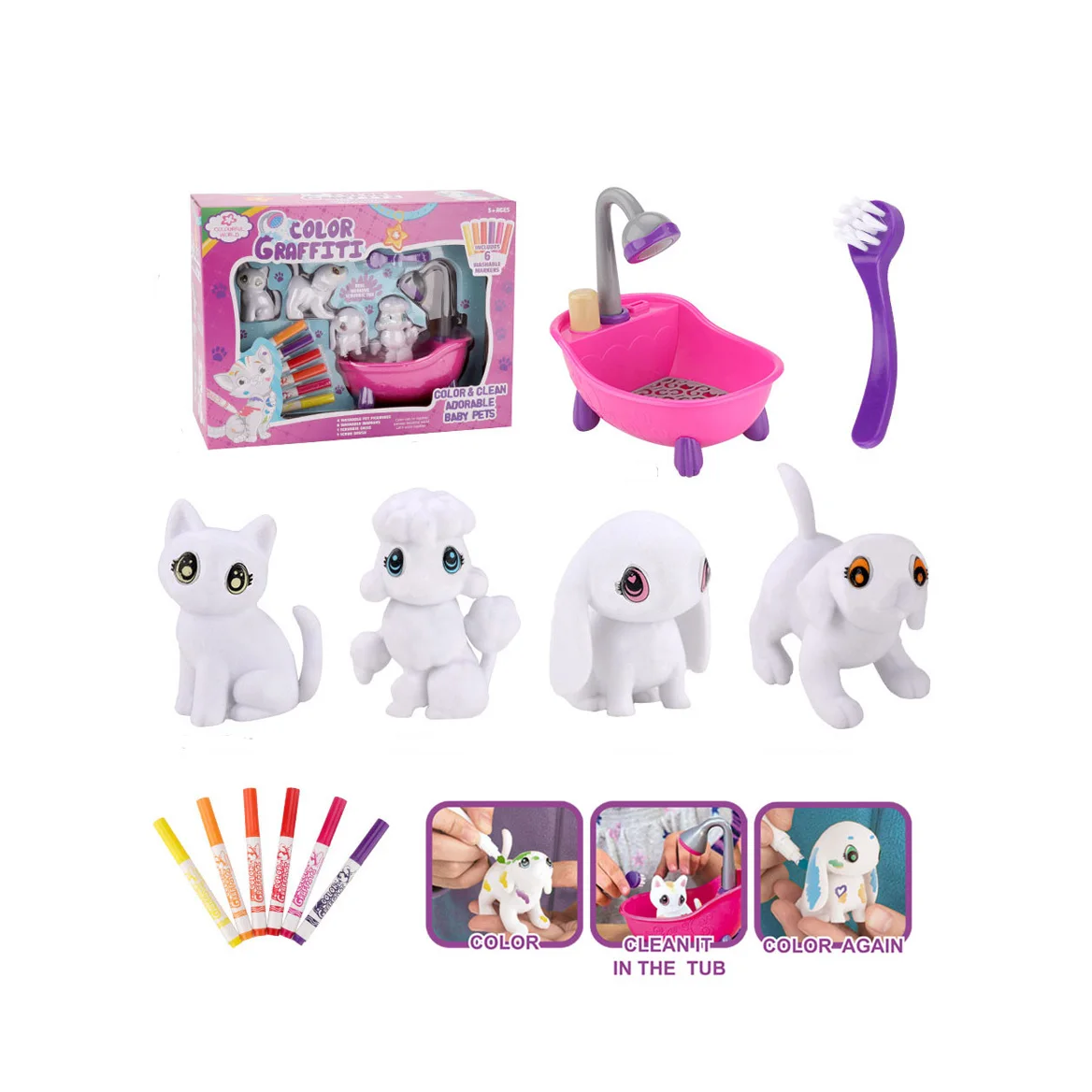 6 Colors DIY Graffiti Coloring Painting Toy Bathtub Washing Flocked Pet Animal Toys Drawing Kits for Kids