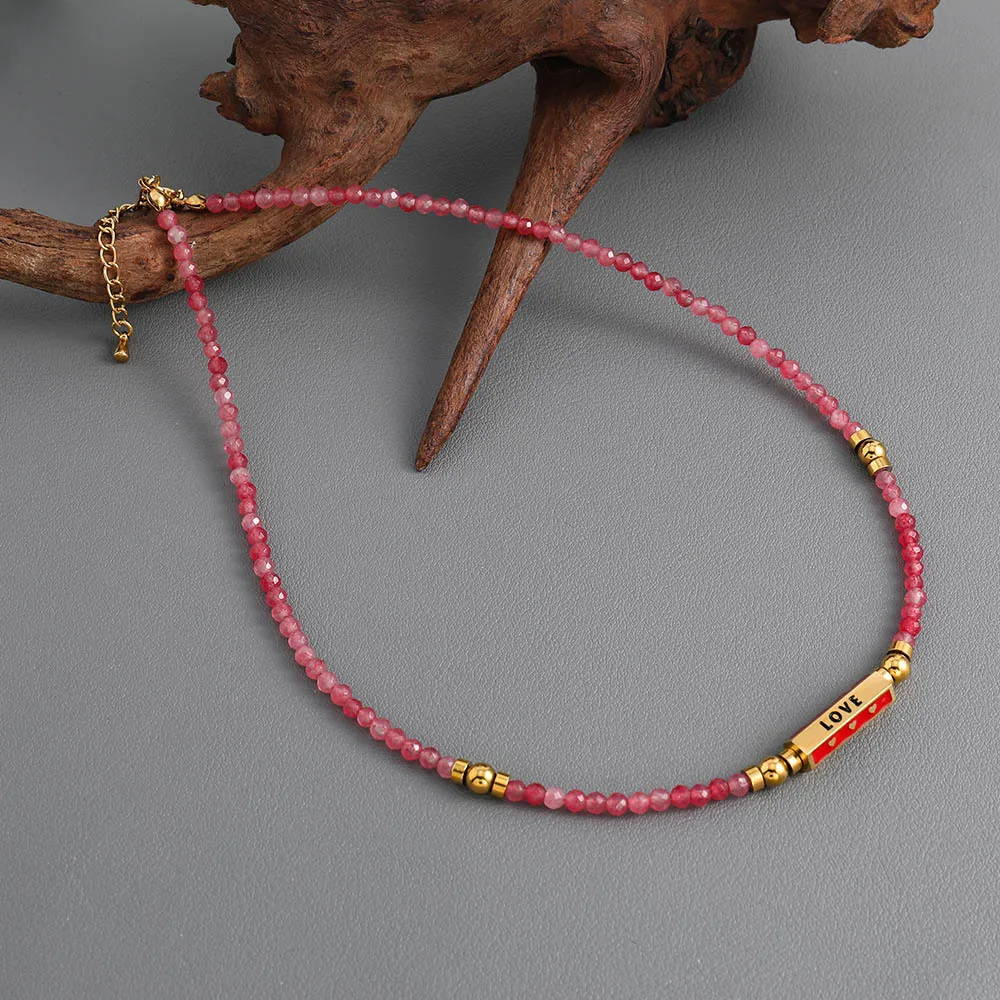 Stainless steel real gold plated LOVE pendant watermelon red natural stone bead necklaces for women new arrival 2024 women