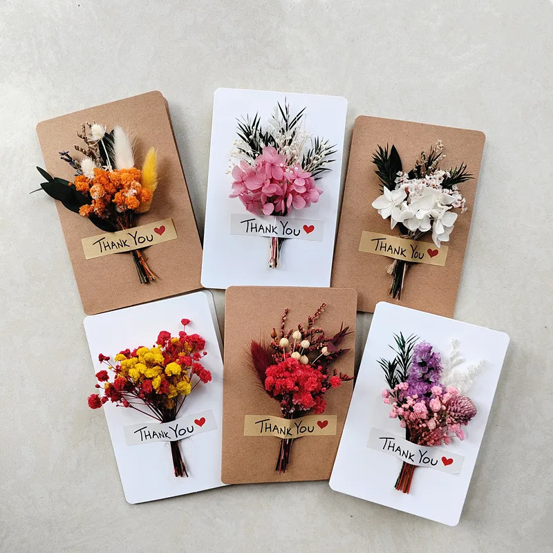 wholesale mini dried flowers bouquet  greeting card wedding invitation card natural flower thank you card for thanksgiving day