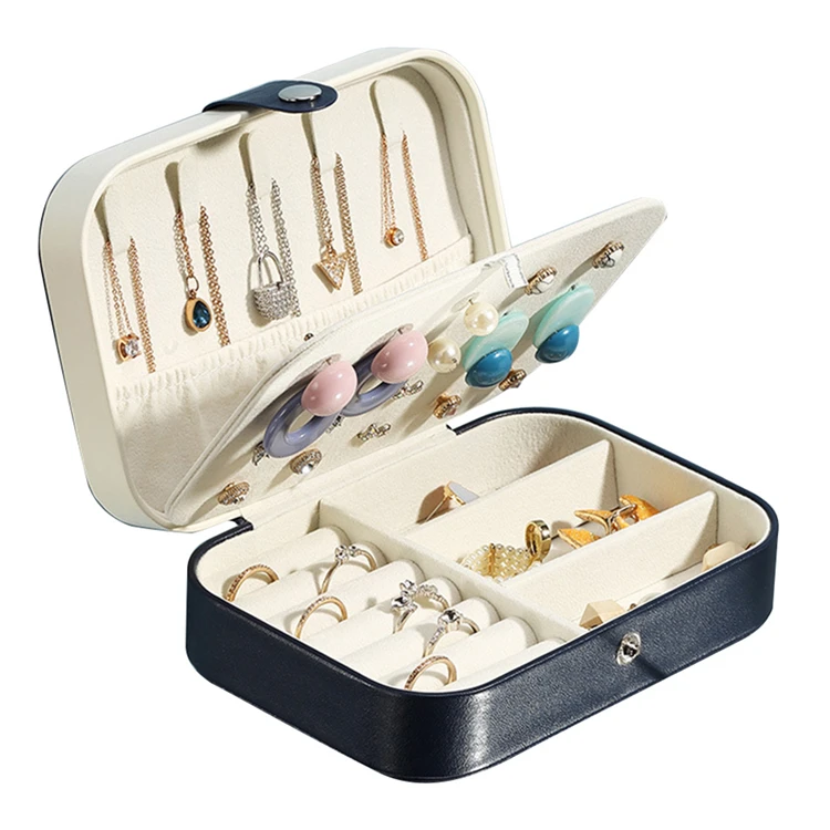 Elegant Style Textured Pu Leather High End Simple White Navy Blue Pink Button Jewelry Box Small Bag For Earring Ring