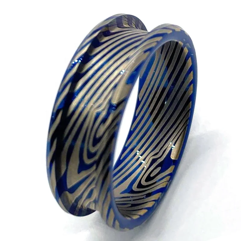 Cheap Factory Price 8mm Wide Men & Women Blue Tungsten Damascus Pattern Ring Core 4mm Channel for Inlay