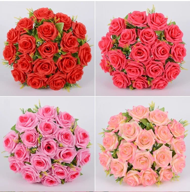 Wholesale 18 Head Premium Large Artificial Rose Bouquet Fake Silk Rose Flowers For Bridal Wedding
