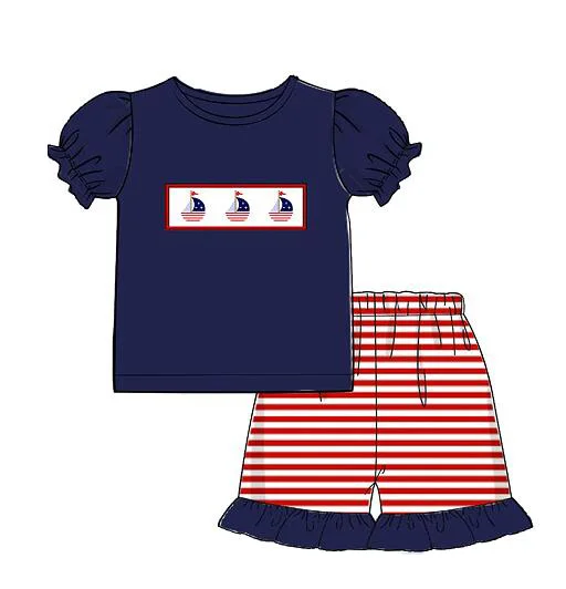 Latest spring summer kids clothes sailing embroidery short two-piece set custom baby girls boys cute sibling matching outfits