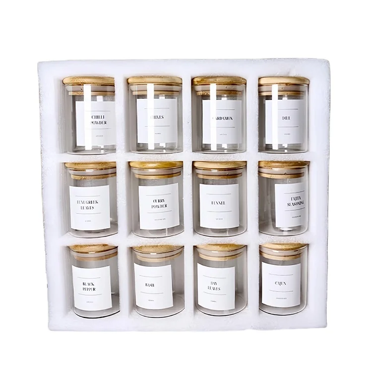 8 oz high borosilicate kitchen glass storage jars set with airtight wooden bamboo lid