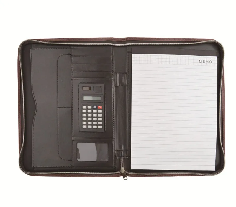 custom Leather Brief case with a calculator Conference Folder.Zipper Multi-function office file package