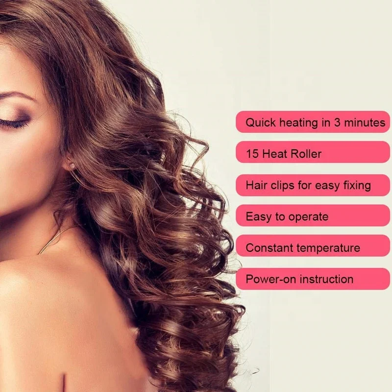 15Pcs Electric Heated Roller Ceramic Curling Roll Tube Hair Styling Tool with Black Clip 110-220V Mini Electric Hair Curler