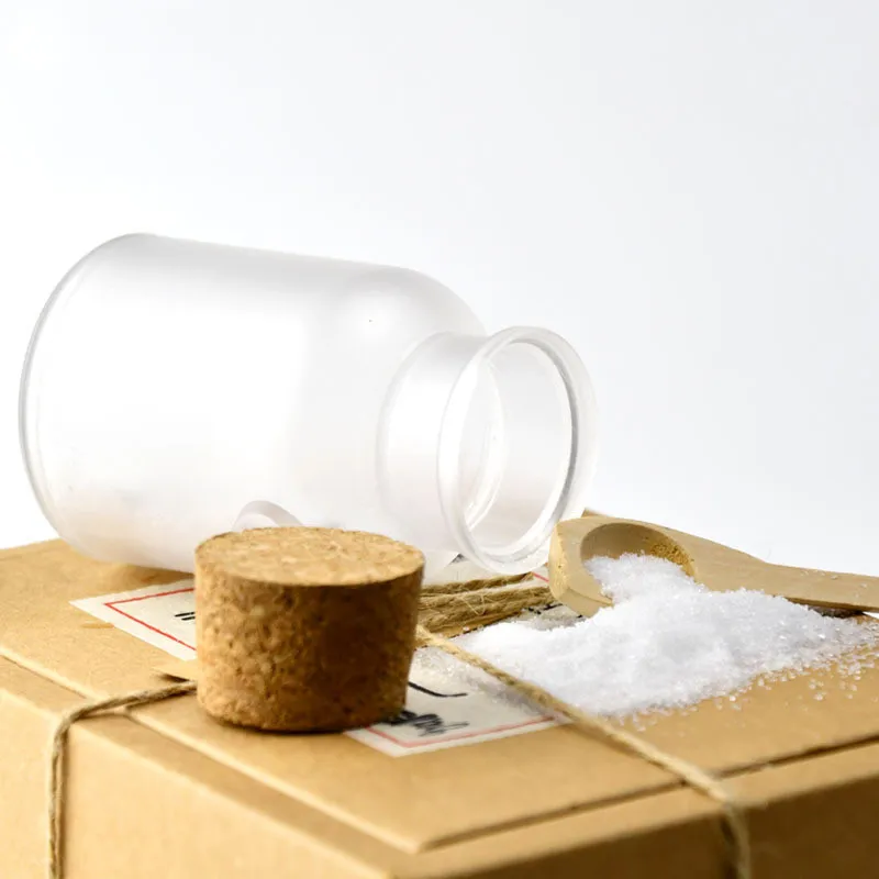 100ml 200ml 300ml 500ml ABS empty frosted bath salt plastic bottle  with Wooden Spoon Facial Refillable Container