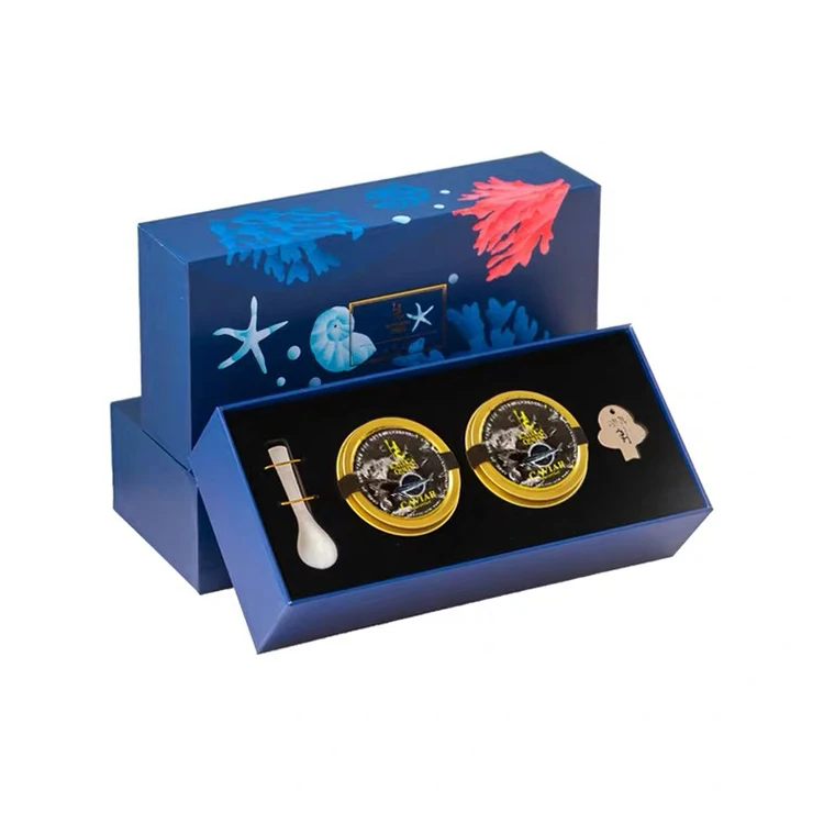 Custom Logo Russian Salmon Flying Fish Spoon Pearl Caviare Packaging Box Top Lid Package Caviar Gift Paper Box