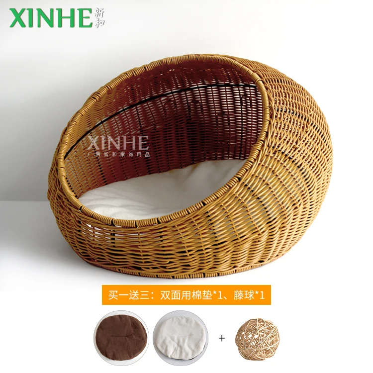 XH Wicker Cat Bed Dome for Medium Indoor Cats - a Covered Cat Hideaway Hut of Rattan Houses in Dome Basket Washable Pet cages