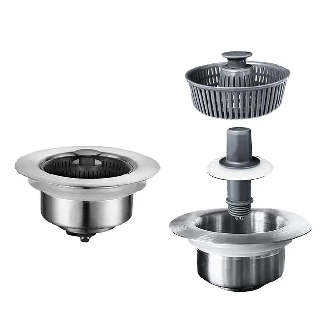 Newest Universal Push Type Chrome Plated Bullet Core Bounce Pop-up  3-in-1 Kitchen Sink Stopper Strainer Anti-Clog
