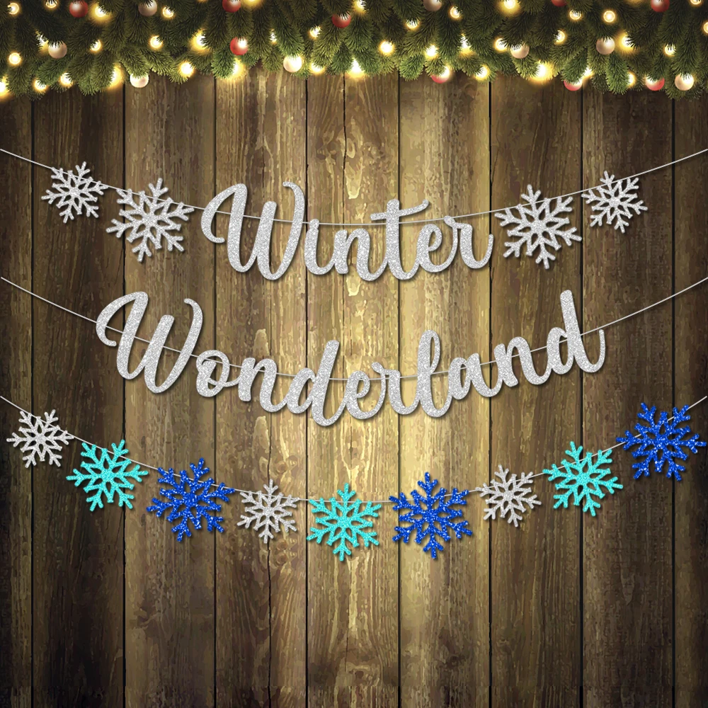Glitter Snowflake Winter Wonderland BANNER Baby Shower Decor Frozen Christmas Themed Birthday Party Decorations Supplies