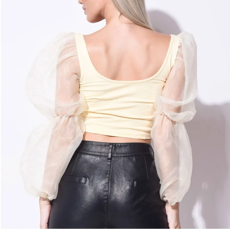 
2021 long puffed sleeves ladies crop top summer blouse women designer white V neck backless women clothing 