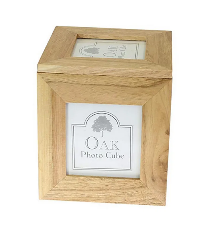 Decorative Oak Wood Picture Frame Cube Keepsake Photos Box