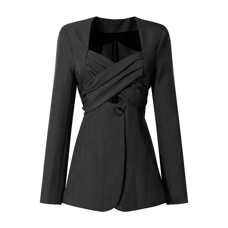 Or Customized Color Ladies Blazer Sexy Front Chest Cross Women Blazer Khaki to Party Suitable for Young Women Black Long 80 Pcs