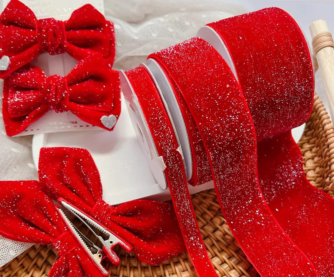 Glitter star dot velvet flocking ribbon New Year wedding decoration ribbon handmade DIY jewelry box packaging ribbon