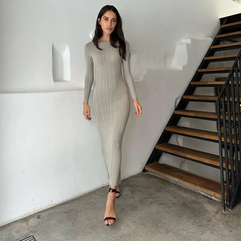 Knitwear manufacturer Custom Long Sleeve Crew neck sweater Robe ladies Rib knit Pit Strip Slim Elegant Women Casual Maxi Dress