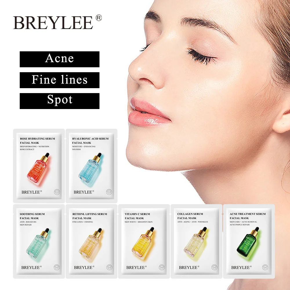7 Types BREYLEE Hyaluronic Acid Face Serum Hydrating Anti Aging Whitening Skin Care Facial Mask Sheet