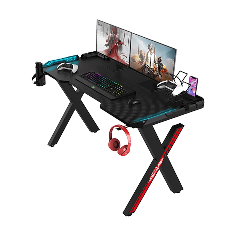 Black Ergonomic RGB LED Light E-sports Gamer Pc Gaming Desk Custom X-Shaped Carbon Fiber Desktop Computer Gaming Table