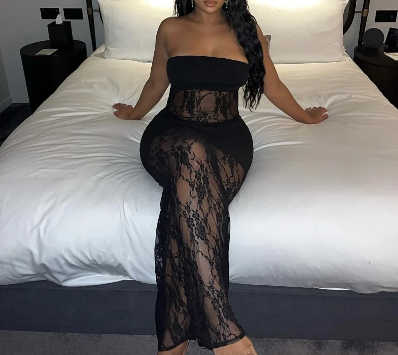 Summer Floral Lace Dress Women High Quality Elegant Mid-Calf Tulle Mesh Patchwork Sexy Bodycon Dress Stylish Club