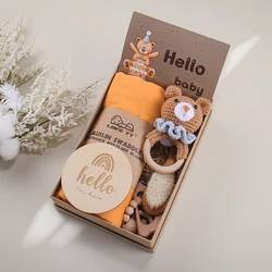New born Baby Gift Set Box Teethers Rattles Cards Souvenir Cotton Blanket Baby Milestone Wooden Toy Baby Shower Gift Sets