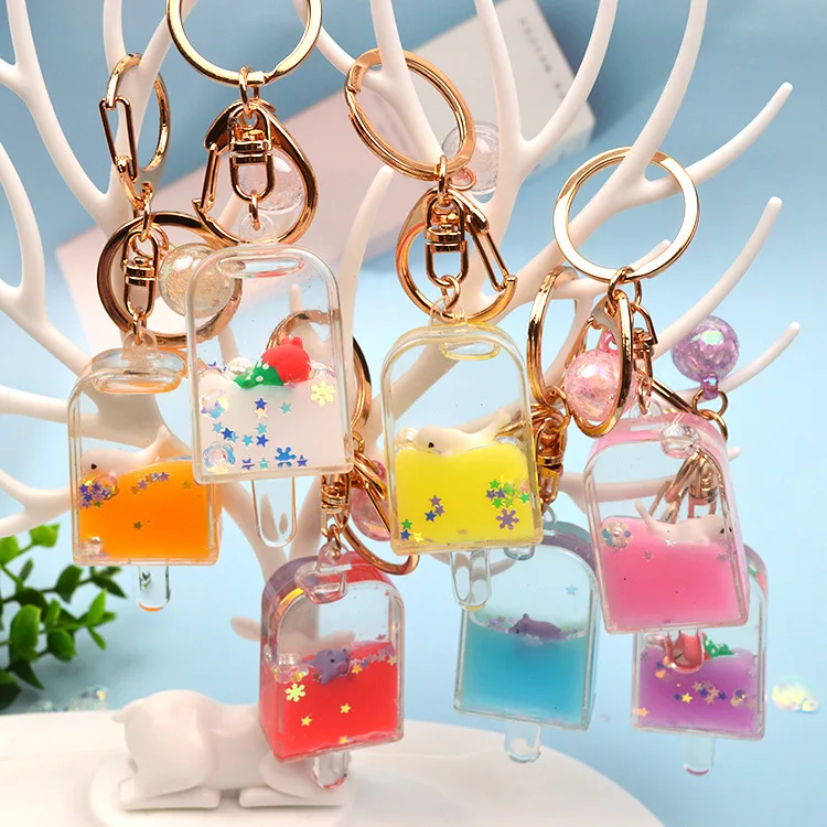 New cute key chain ring creative filled liquid oil Quicksand popsicles keychain car key ring